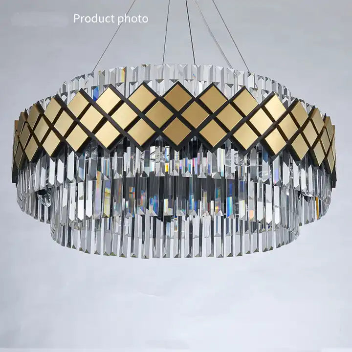 Bindi Crystal LED Hanging Light featuring a diamond-patterned gold and crystal design, perfect for creating a warm ambiance.