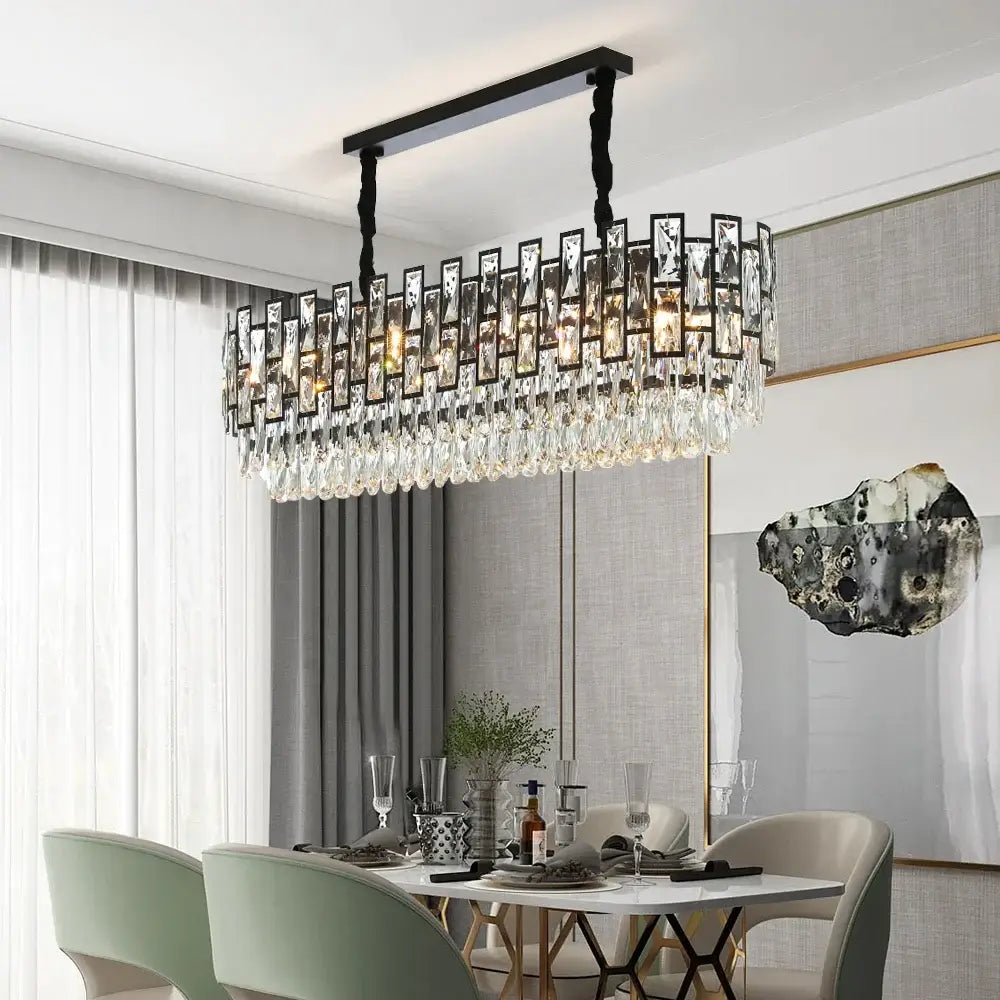 Killara Luxury Crystal Modern Black Chandelier illuminating a stylish dining area with elegant decor.