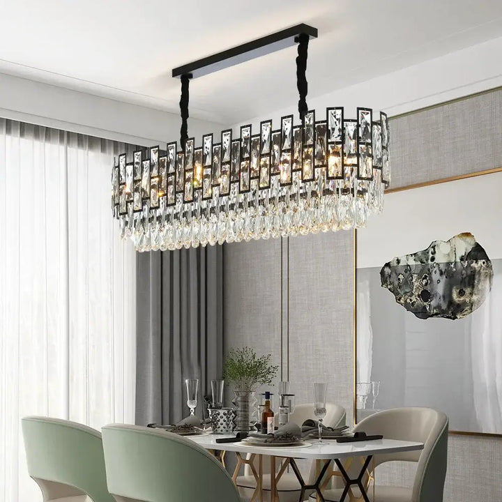 Killara Luxury Crystal Modern Black Chandelier illuminating a stylish dining area with elegant decor.