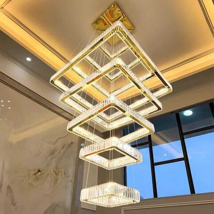Modern LED Foyer Chandelier with a sleek square design, enhancing elegance in any home interior.