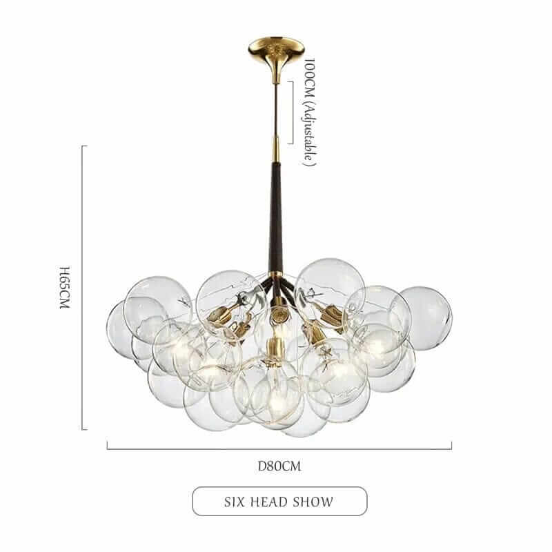 Nordic Glass Bubble Chandelier with adjustable height, featuring multiple glass bubbles and six light heads.