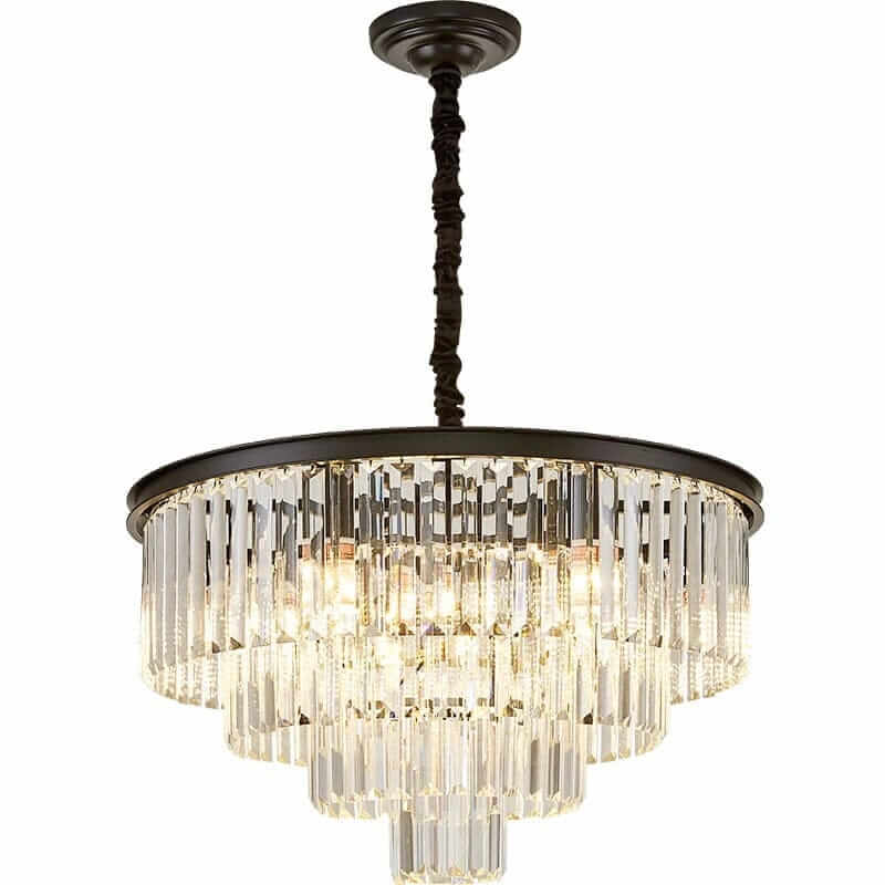Luxurious round golden crystal chandelier with multiple layers of sparkling crystals and elegant design.