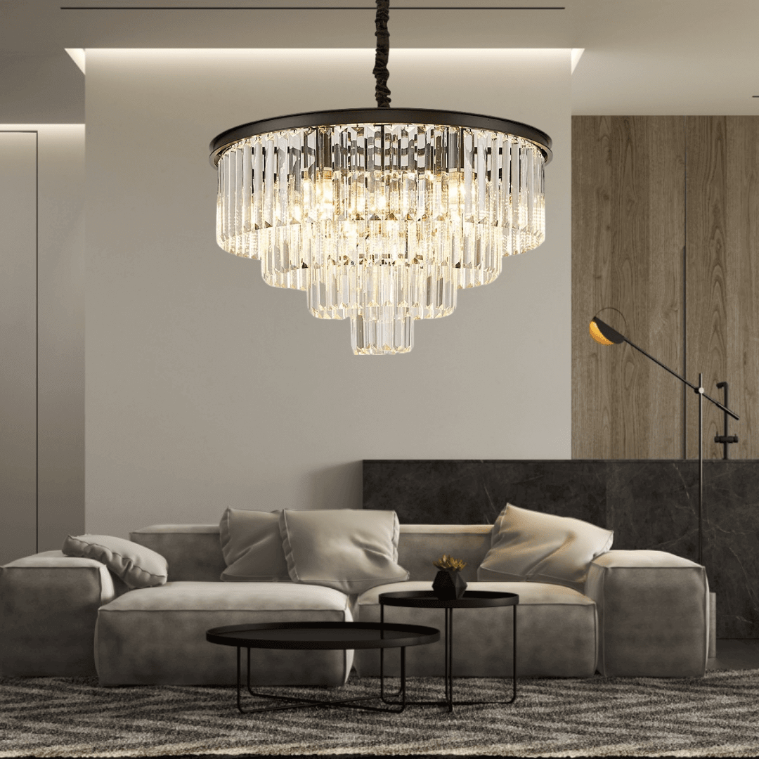 Luxury Gemima Round Golden Crystal Chandelier illuminating a stylish modern living room with elegant decor.
