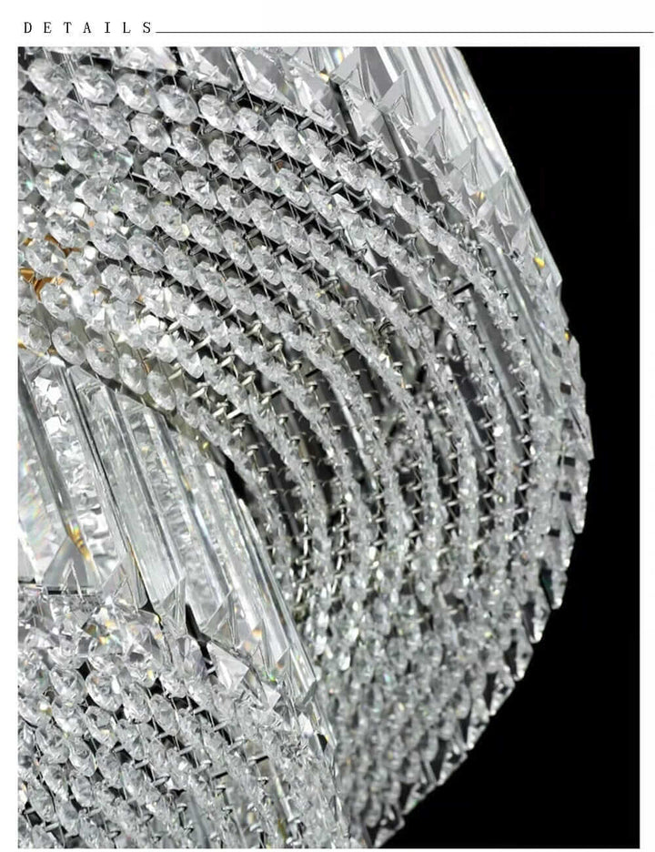 Close-up of Alisah Dual Crystal Chandelier showcasing intricate crystal details and modern design.