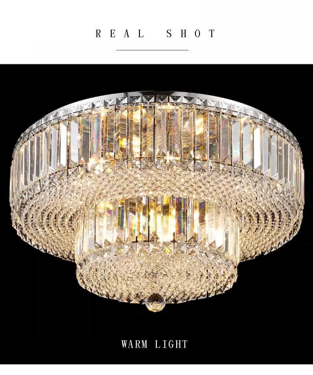 Alisah Dual Crystal Chandelier showcasing warm light and elegant crystal design.