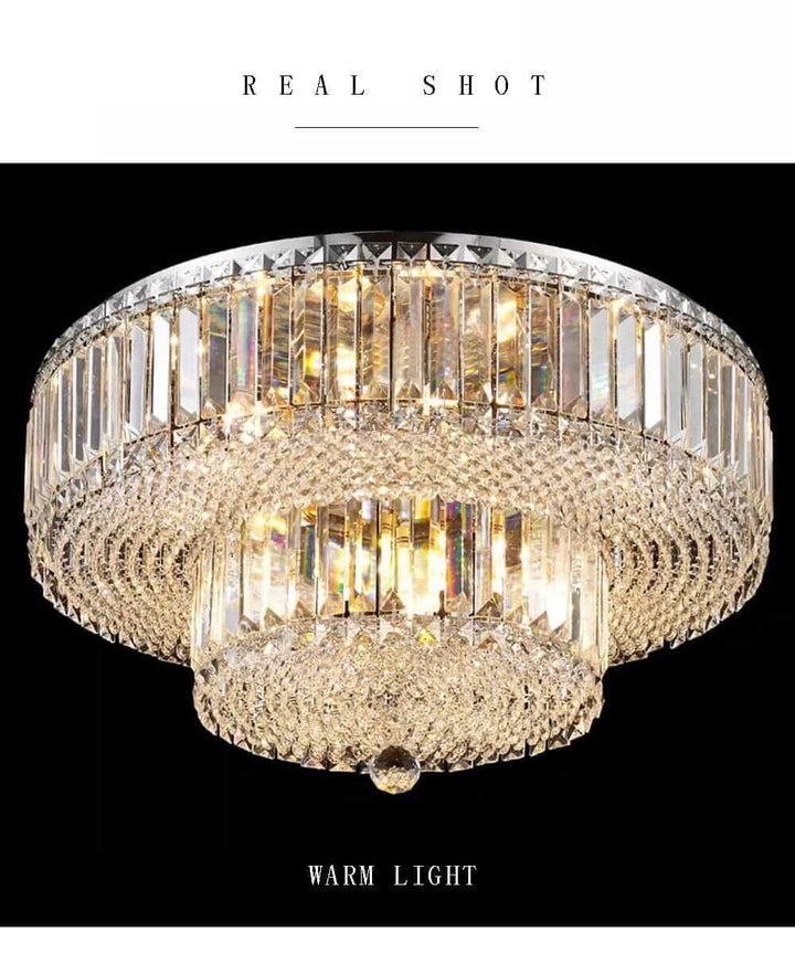Alisah Dual Crystal Chandelier showcasing warm light and elegant crystal design.