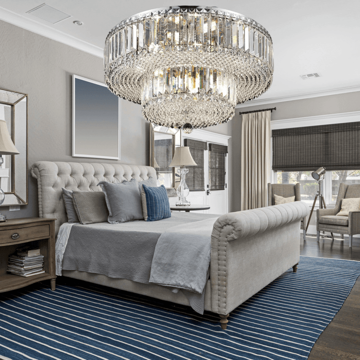 Elegant bedroom featuring the Alisah Dual Crystal Chandelier, modern decor, and stylish furnishings.