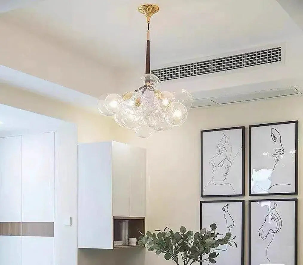 Bubble chandelier in a modern room, showcasing its elegant design and Scandinavian charm.