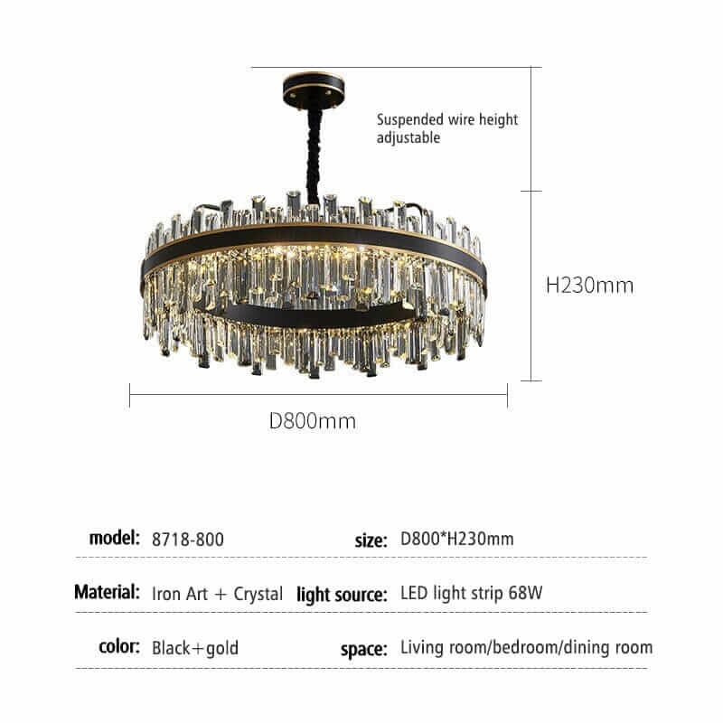 Foyer chandelier in black and gold with adjustable height, 800mm diameter, suitable for living room and dining room decor.