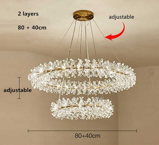 LED chandelier with 2 adjustable layers, measuring 80 and 40 cm, featuring a stunning flower crystal design.
