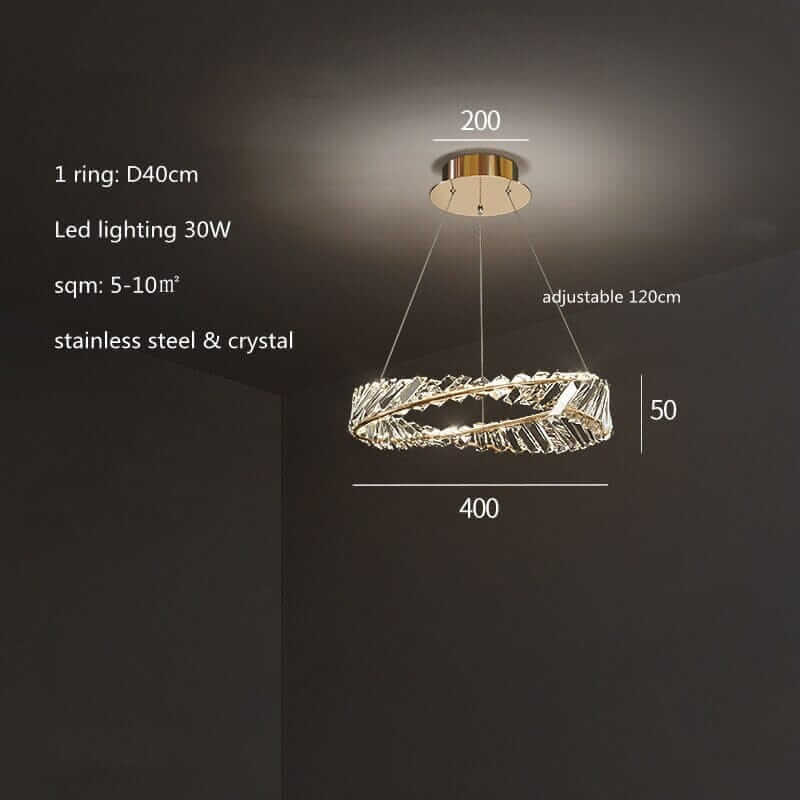 Elegant gold chandelier with dimensions, led lighting, and crystal detail, perfect for luxurious living room ambiance.
