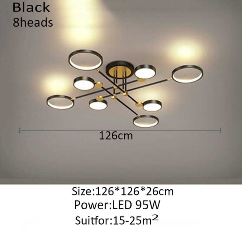 Black and gold chandelier with 8 heads, adjustable height, LED 95W, perfect for cozy living spaces.