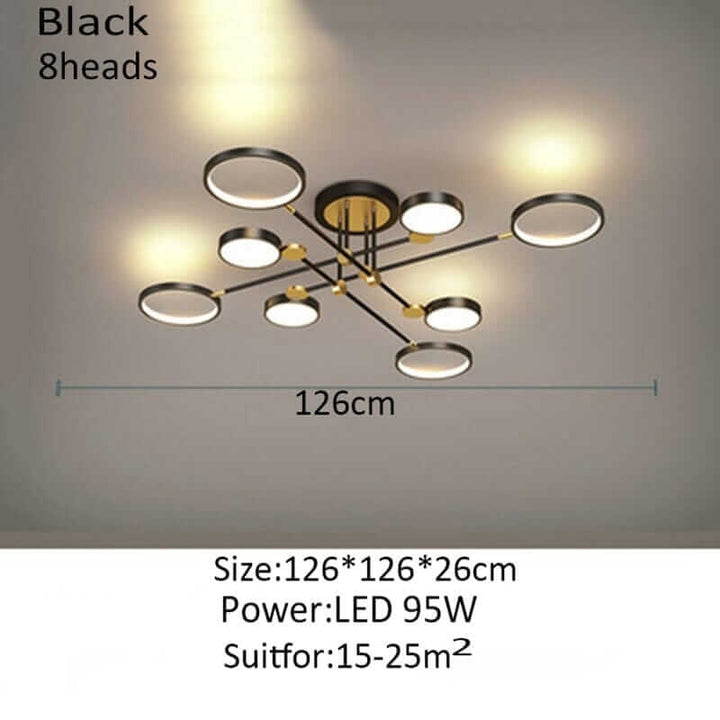 Black and gold chandelier with 8 heads, adjustable height, LED 95W, perfect for cozy living spaces.