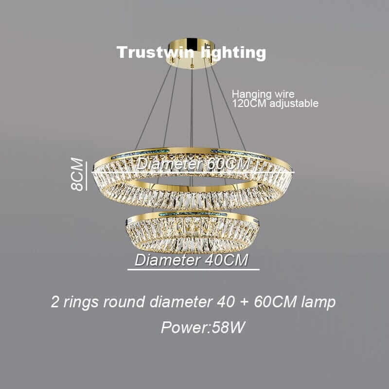 Elegant two-ring foyer chandelier with K9 crystals, adjustable height, 58W power, and modern design.