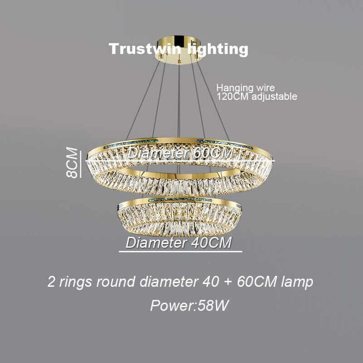 Elegant two-ring foyer chandelier with K9 crystals, adjustable height, 58W power, and modern design.