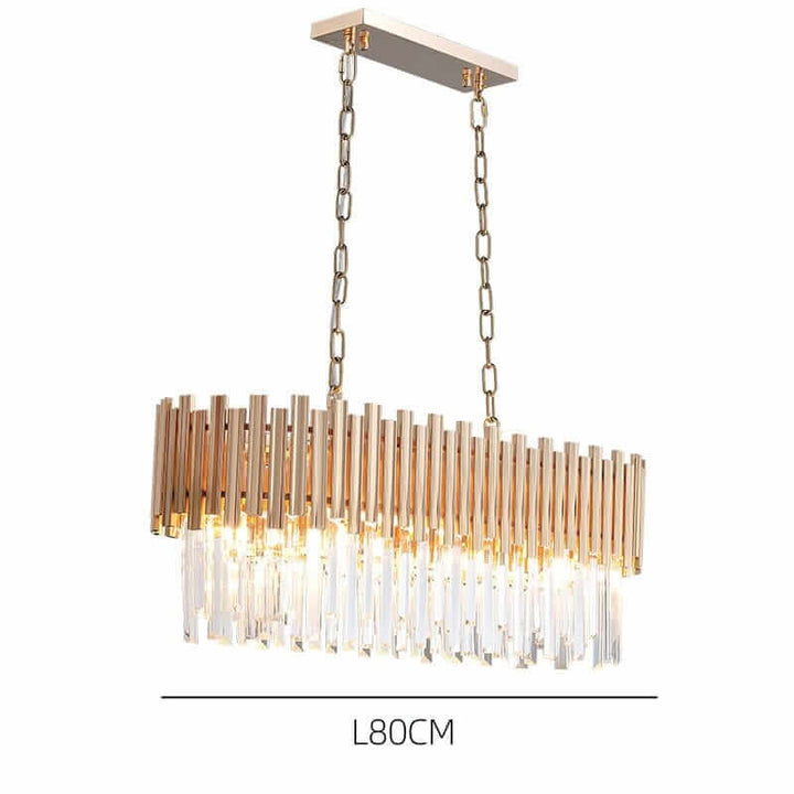Gold chandelier with crystal accents, modern design, 80cm length, perfect for elegant home decor.