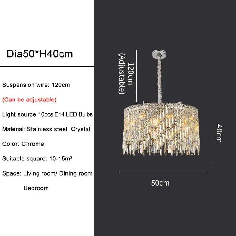 Adjustable round chandelier in chrome with crystal accents, ideal for bedroom or dining room, 50cm diameter, 40cm height.