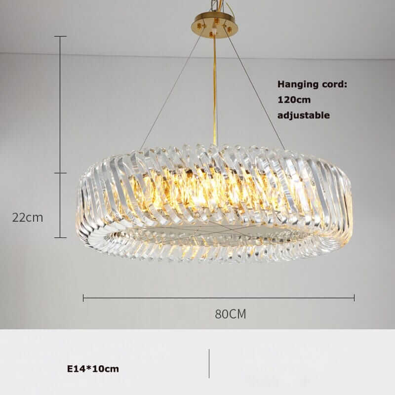 Stylish round chandelier with adjustable cord, elegant design, and warm LED lights for sophisticated ambiance.