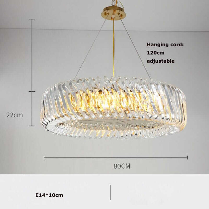 Stylish round chandelier with adjustable cord, elegant design, and warm LED lights for sophisticated ambiance.