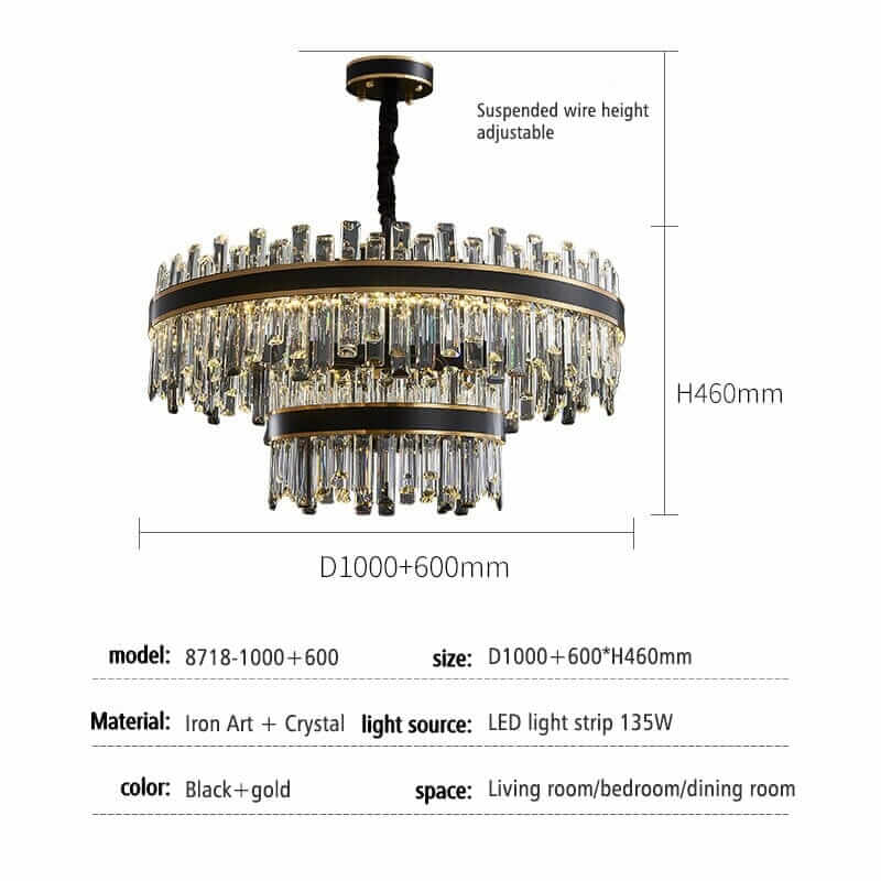 Elegant black and gold foyer chandelier with crystal elements, adjustable height, ideal for living room or dining room.