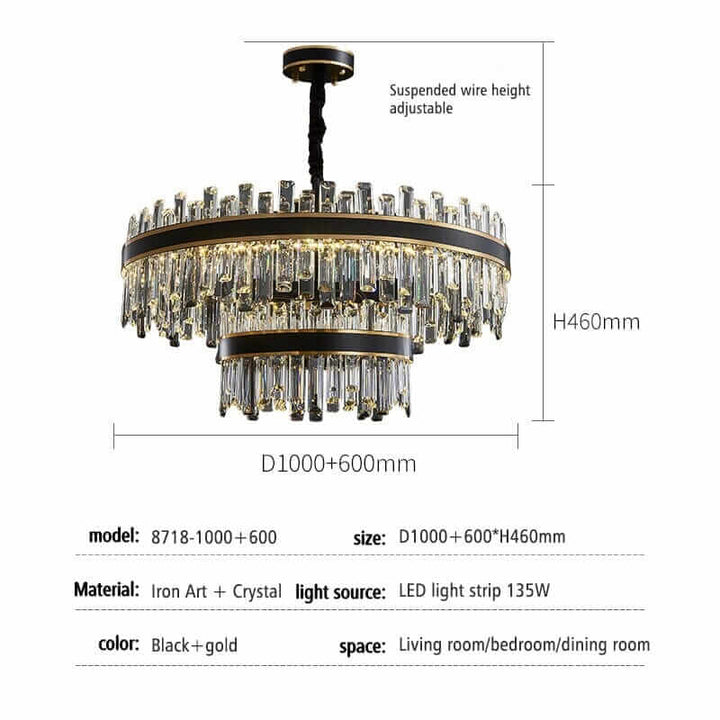 Elegant black and gold foyer chandelier with crystal elements, adjustable height, ideal for living room or dining room.
