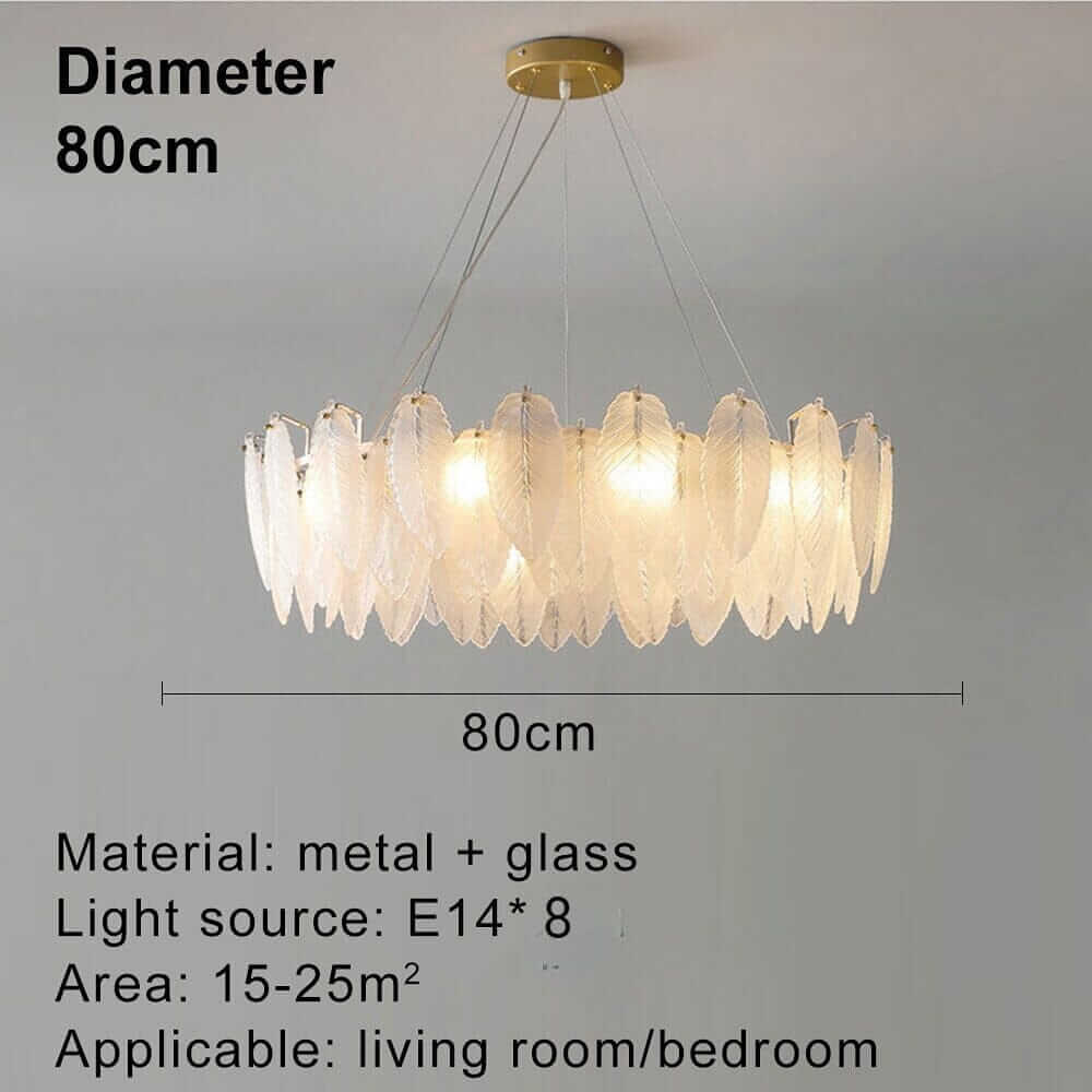Contemporary 80cm diameter chandelier with metal and glass design, suitable for living room or bedroom.