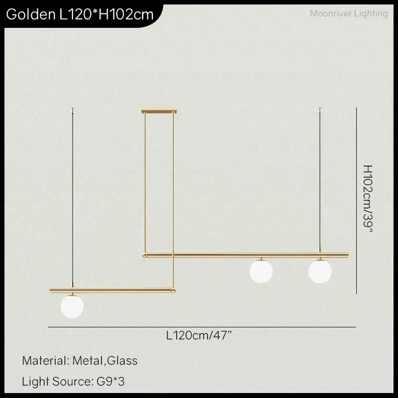 Black and gold chandelier measuring L120cm by H102cm, featuring metal and glass design, perfect for kitchen islands.