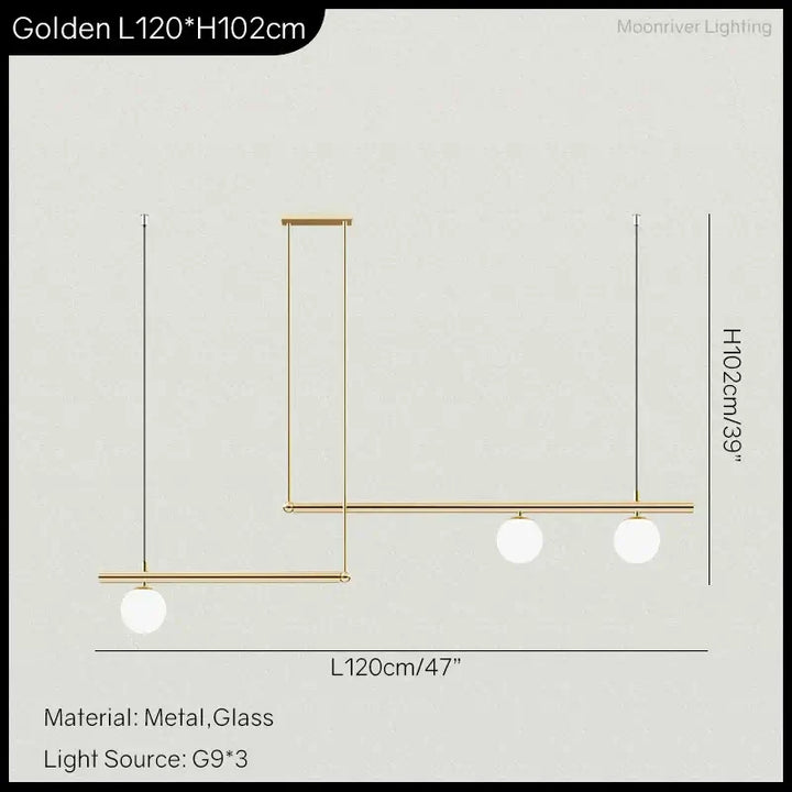 Black and gold chandelier measuring L120cm by H102cm, featuring metal and glass design, perfect for kitchen islands.