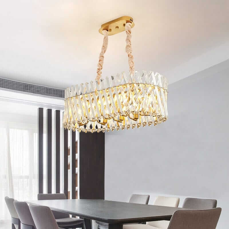 Luxurious crystal LED lamp hanging from the ceiling in a modern dining room, illuminating the elegant space.