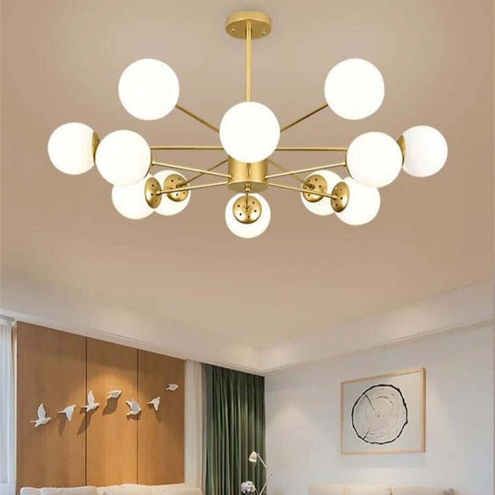 Stylish Bubble Sputnik Chandelier with glass orbs in modern living room setting.