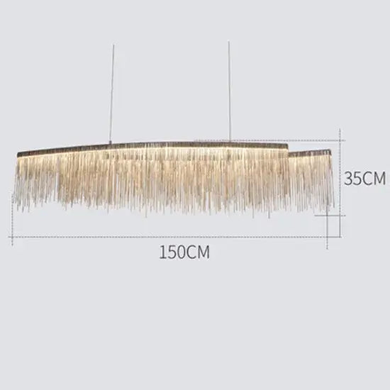 Linear chandelier with long tassel design; dimensions 150CM x 35CM, ideal for dining room illumination.