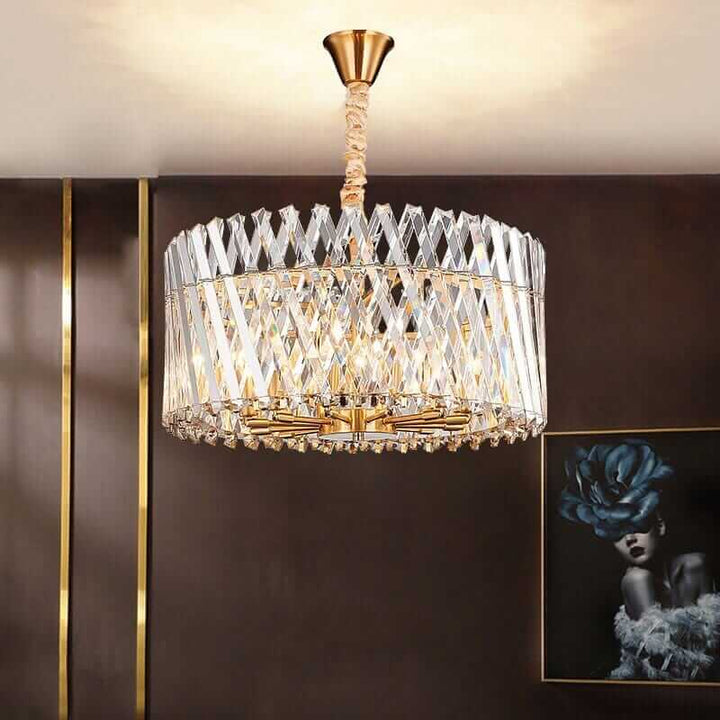 Elegant crystal chandelier with golden accents, providing luxurious lighting for modern interiors.