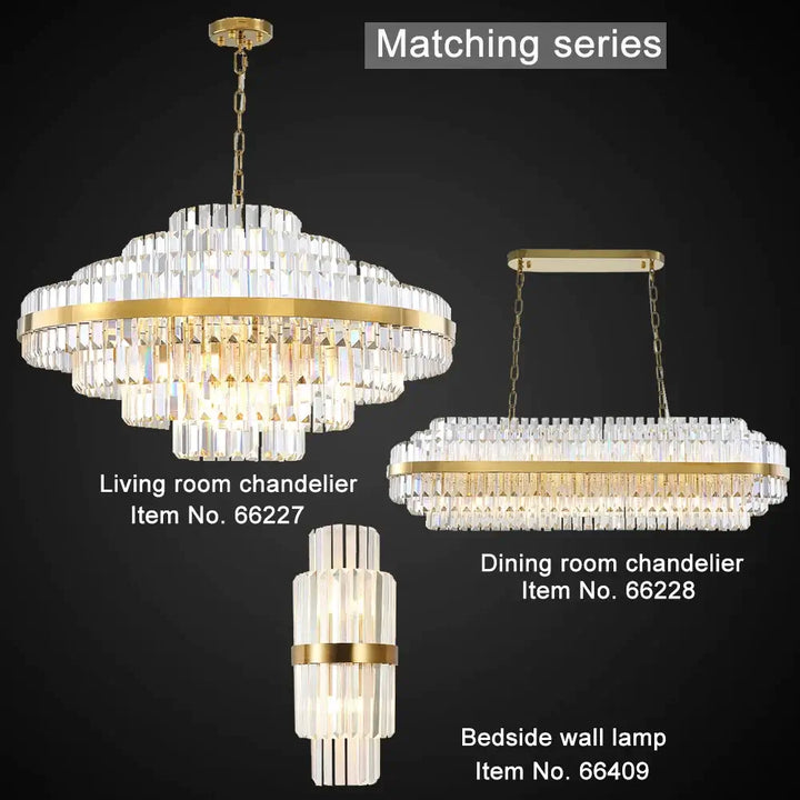 Elegant gold chandeliers and bedside lamp from matching series, enhancing modern and traditional interiors.