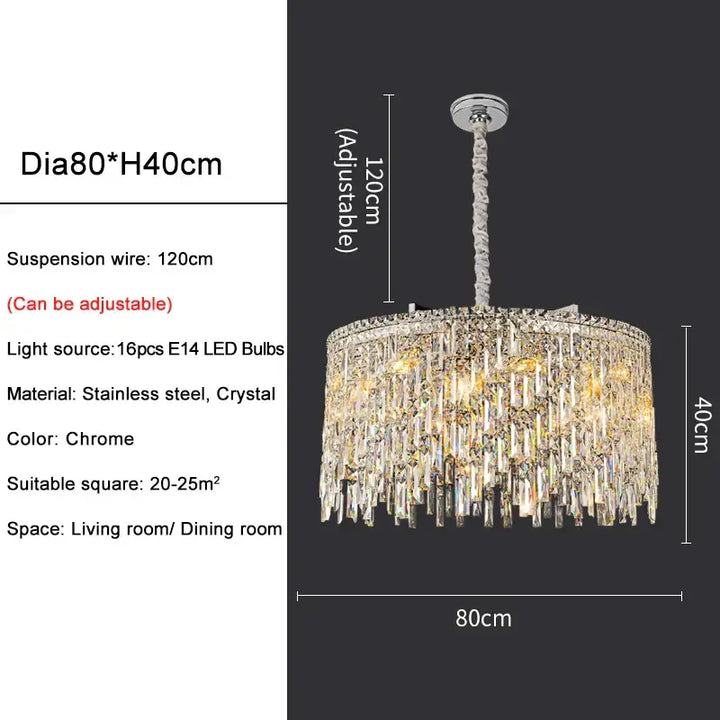 Round chandelier with chrome finish and crystal accents, adjustable length for living or dining room, 80cm diameter.