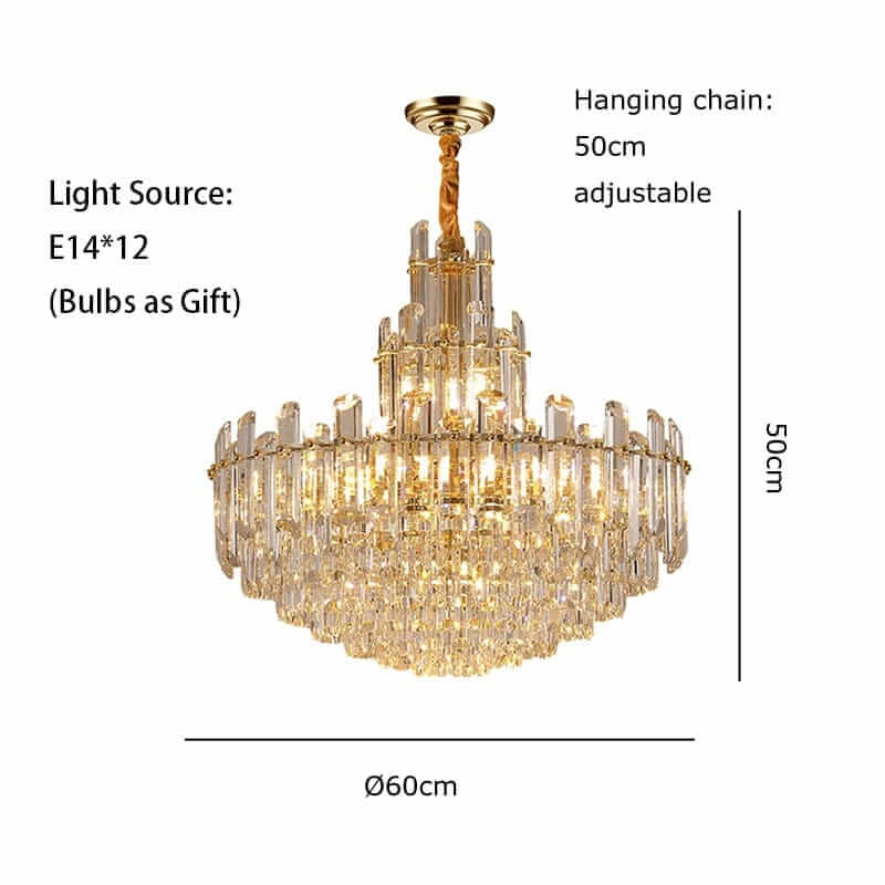 Elegant gold-plated foyer chandelier with adjustable hanging chain and E14 light source, perfect for elevating room ambiance.