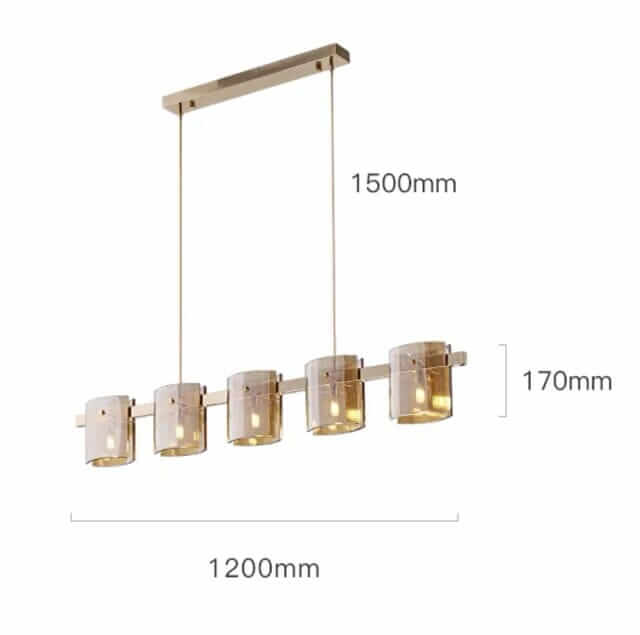 LED chandelier with five cylindrical glass shades, dimensions 1200mm wide and 1500mm height for an inviting glow.