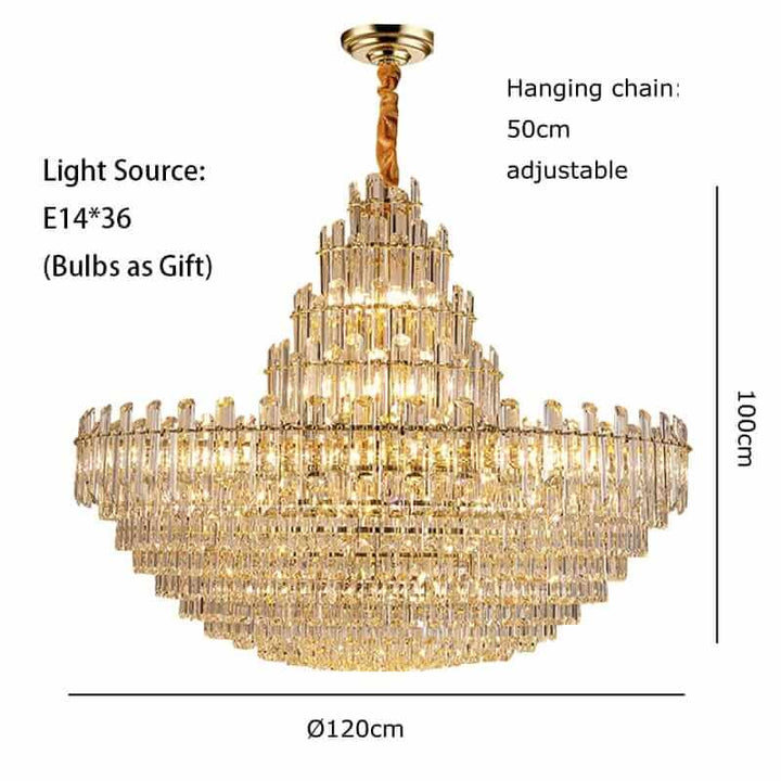 Elegant gold foyer chandelier with rectangular crystals, adjustable hanging chain, remote control, and LED lights.