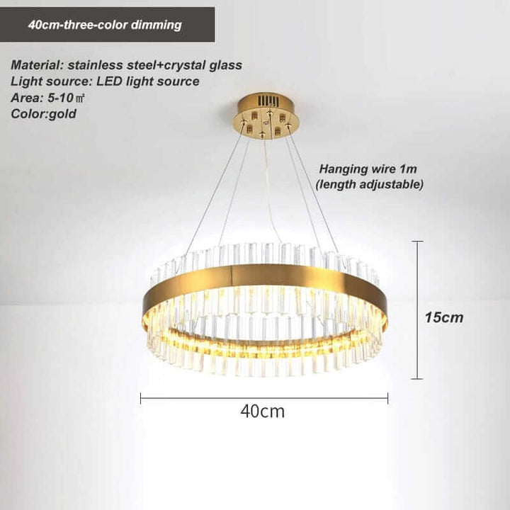 Gold crystal chandelier dimensions with adjustable hanging wire and LED light, perfect for modern and traditional decor.