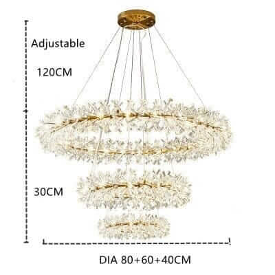 LED chandelier with adjustable height, featuring flower crystal design and three circular rings in gold finish.