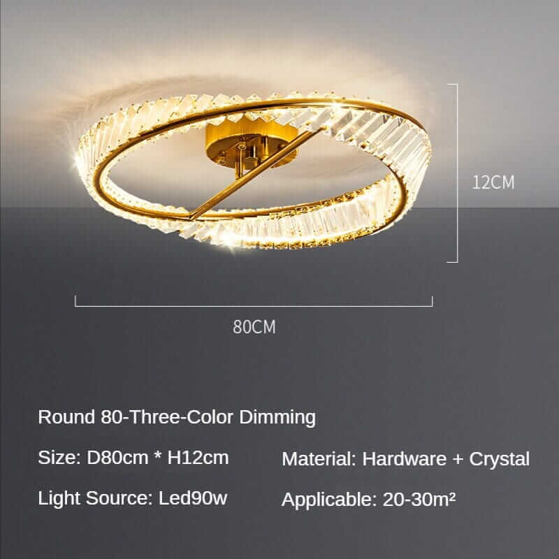 Round gold chandelier with crystal accents, 80cm diameter, warm lighting for luxurious ambiance.