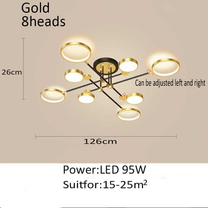 Gold chandelier with 8 adjustable heads, 95W LED power, suitable for rooms 15-25m², dimensions 126cm x 26cm.