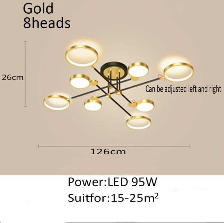 Gold chandelier with 8 adjustable heads, 95W LED power, suitable for rooms 15-25m², dimensions 126cm x 26cm.