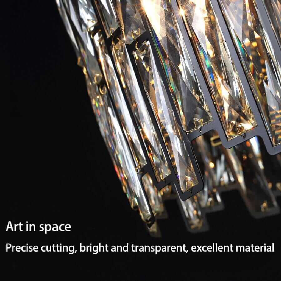 Close-up of a luxury LED chandelier showcasing crystal elements with precise cutting and excellent transparency.