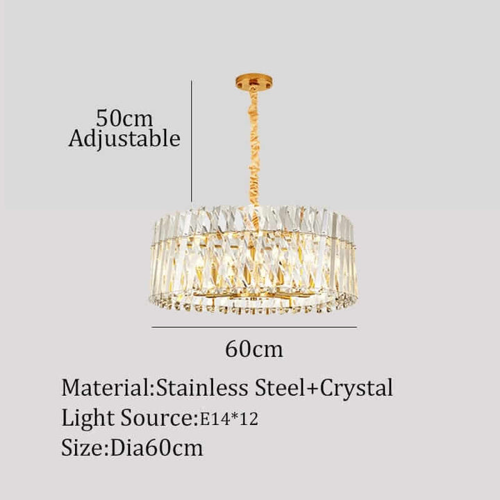 Elegant stainless steel and crystal LED chandelier, adjustable height 50cm, diameter 60cm, modern design for luxurious lighting.