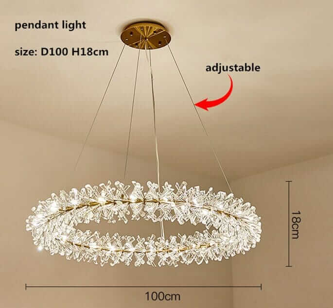 Adjustable LED chandelier pendant light with flower crystal design, diameter 100cm, height 18cm.