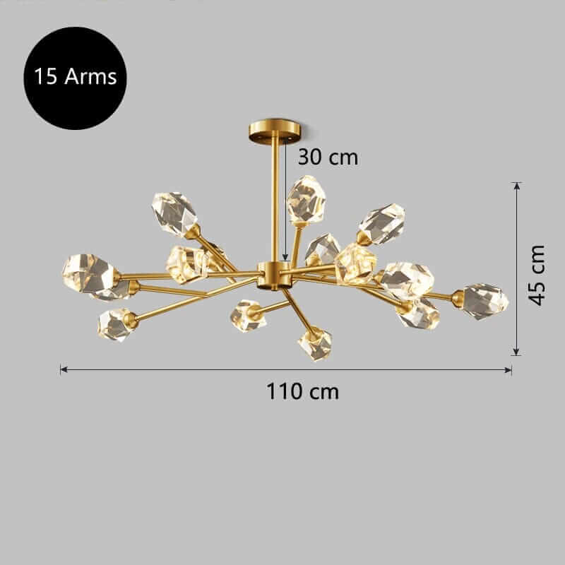 Sputnik Chandelier with 15 arms, crystal accents, dimensions 110x30x45 cm, elegant lighting for home décor.
