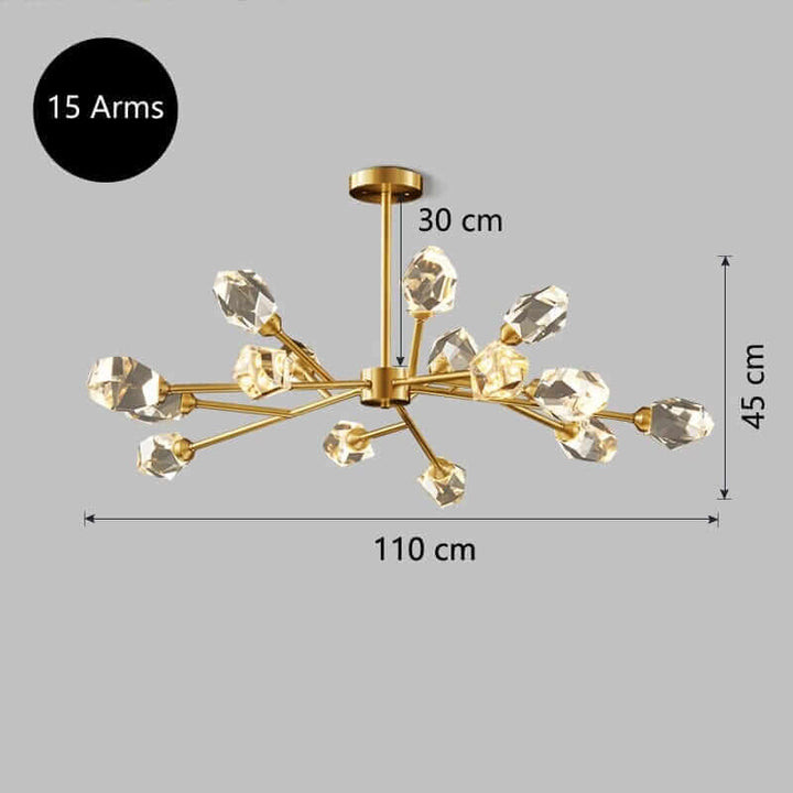 Sputnik Chandelier with 15 arms, crystal accents, dimensions 110x30x45 cm, elegant lighting for home décor.