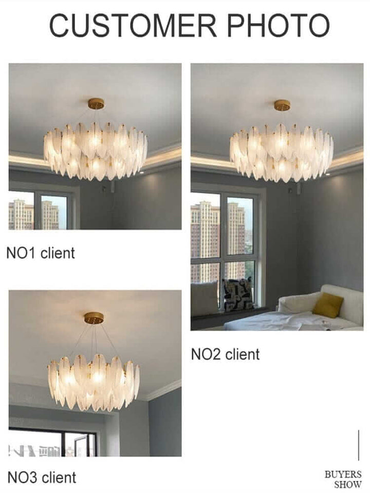 Customer photos showcasing an elegant entryway chandelier in three different room settings.
