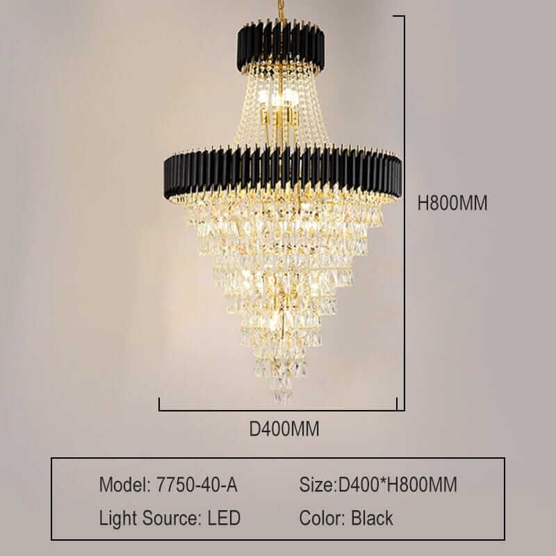 Elegant black chandelier with LED lights, showcasing intricate crystal design and dimensions of D400MM x H800MM.