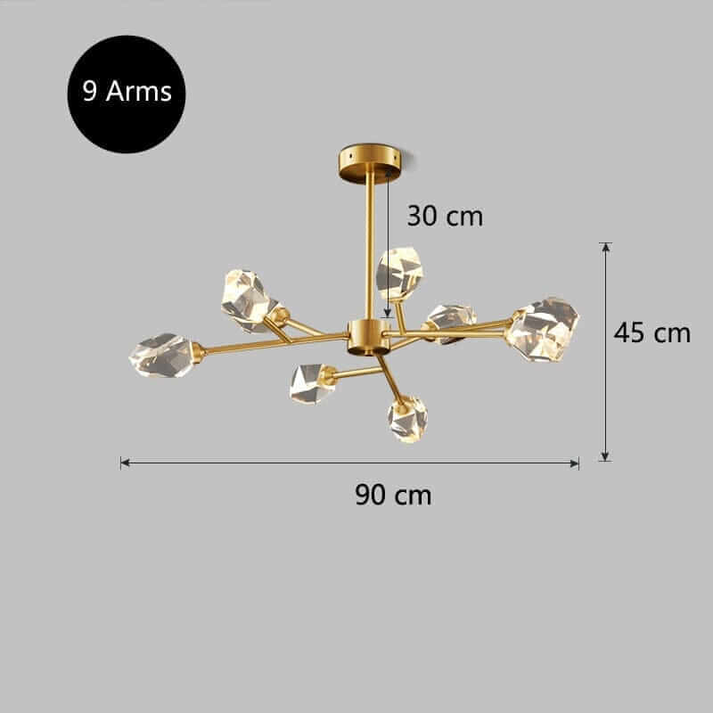 Gold Sputnik Chandelier with 9 arms, dimensions 30 cm x 45 cm x 90 cm, ideal for modern home decor.